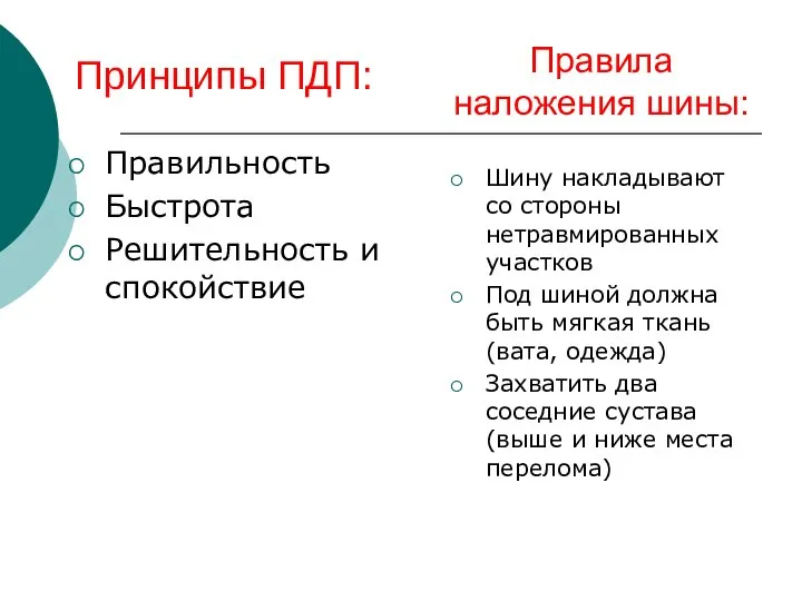 Правила наложения шины: Правильность Быстрота Решительность и спокойствие Шину накладывают со