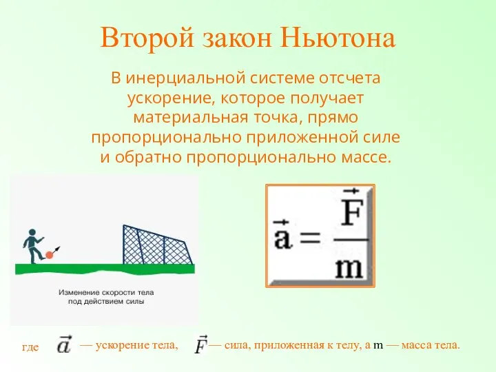 Второй закон Ньютона В инерциальной системе отсчета ускорение, которое получает материальная