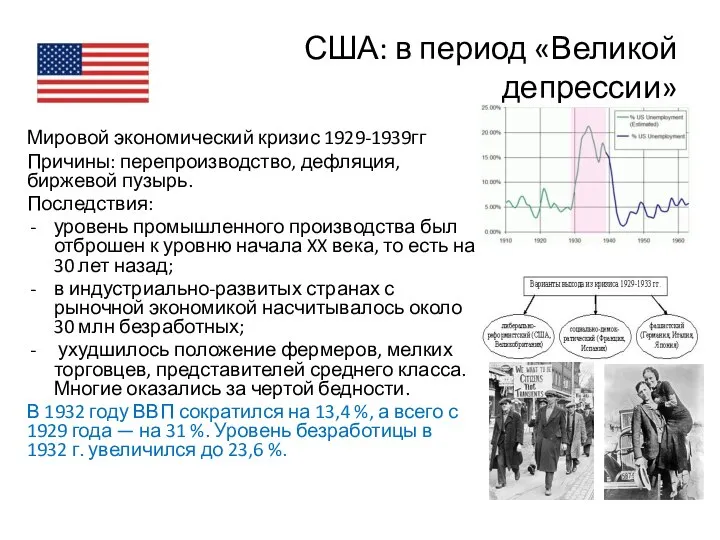 США: в период «Великой депрессии» Мировой экономический кризис 1929-1939гг Причины: перепроизводство,