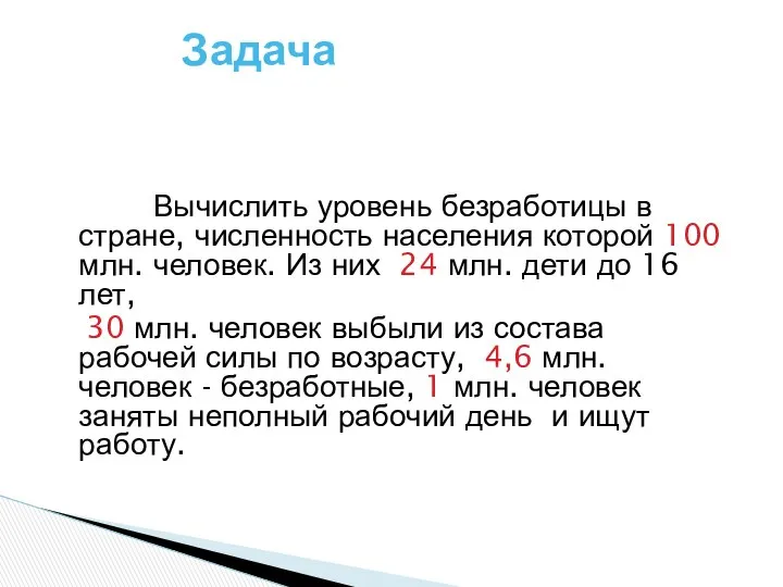 Вычислить уровень безработицы в стране, численность населения которой 100 млн. человек.