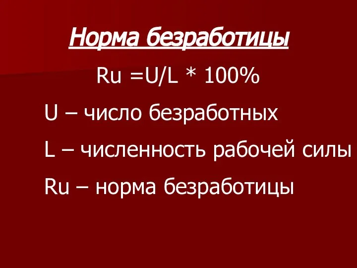 Норма безработицы Ru =U/L * 100% U – число безработных L
