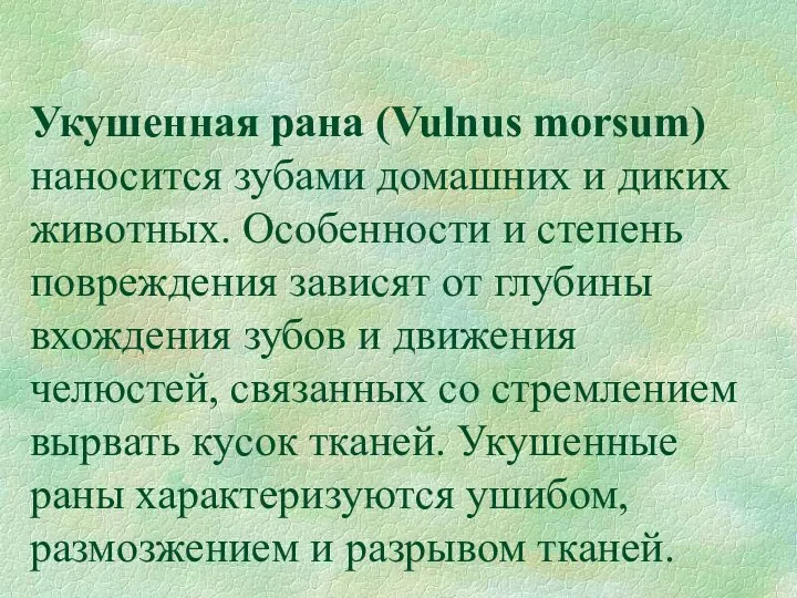 Укушенная рана (Vulnus morsum) наносится зубами домашних и диких животных. Особенности