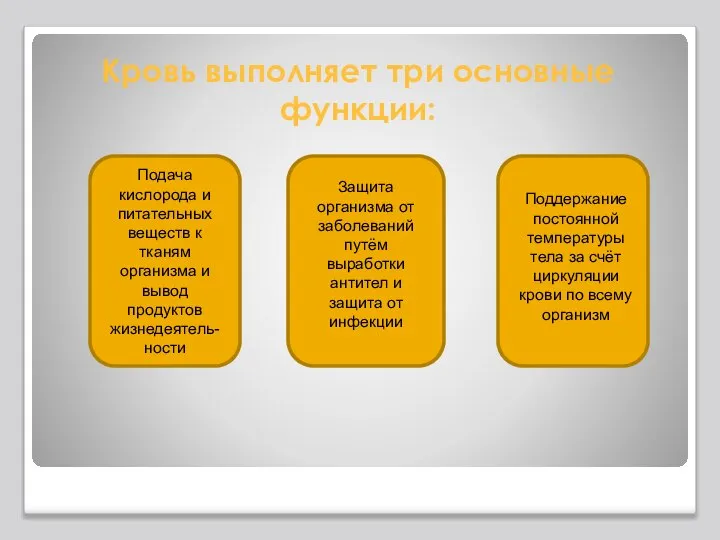 Кровь выполняет три основные функции: Подача кислорода и питательных веществ к