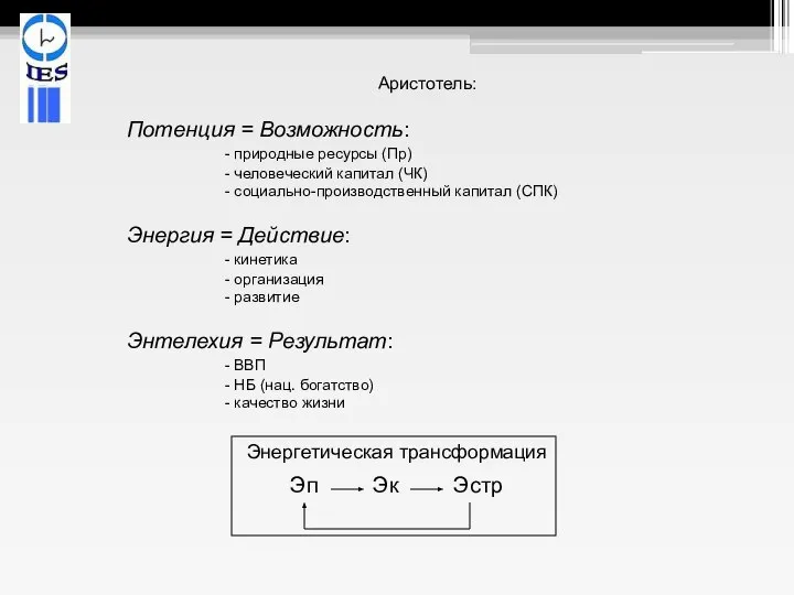 Аристотель: Потенция = Возможность: - природные ресурсы (Пр) - человеческий капитал