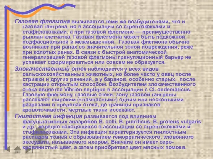 Газовая флегмона вызывается теми же возбудителями, что и газовая гангрена, но