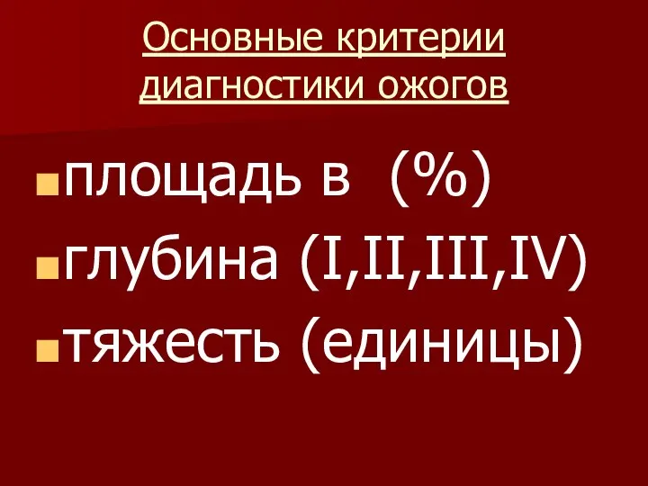 Основные критерии диагностики ожогов площадь в (%) глубина (I,II,III,IV) тяжесть (единицы)