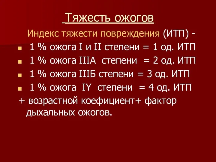 Тяжесть ожогов Индекс тяжести повреждения (ИТП) - 1 % ожога І