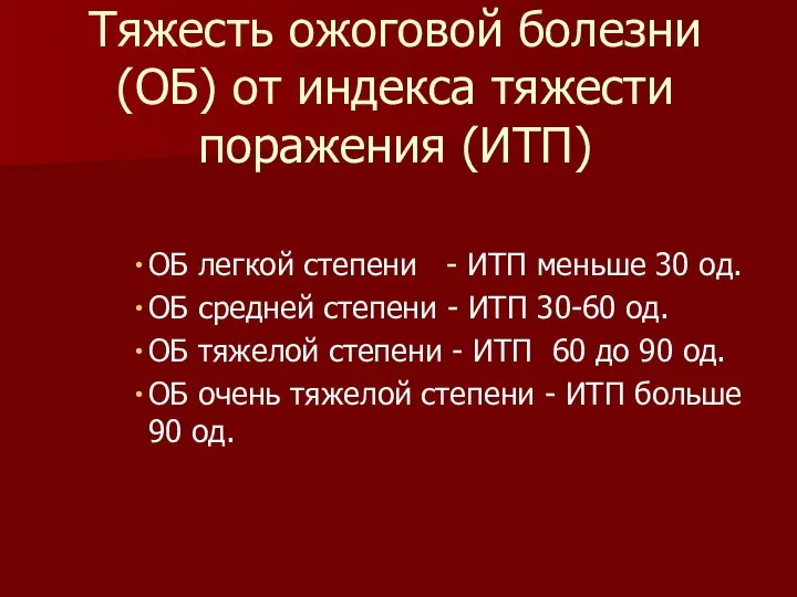 Тяжесть ожоговой болезни (ОБ) от индекса тяжести поражения (ИТП) ОБ легкой