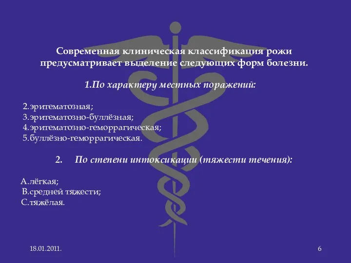 Современная клиническая классификация рожи предусматривает выделение следующих форм болезни. По характеру