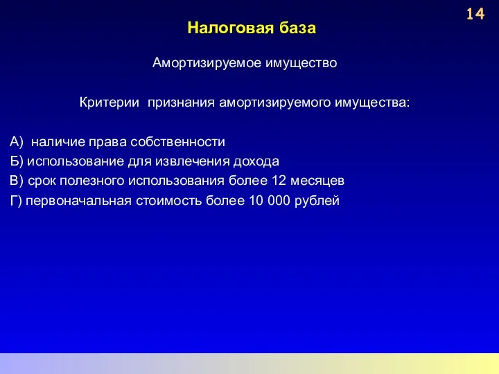 Налоговая база Амортизируемое имущество Критерии признания амортизируемого имущества: А) наличие права