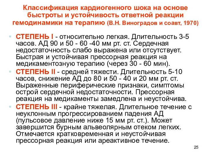 Классификация кардиогенного шока на основе быстроты и устойчивость ответной реакции гемодинамики