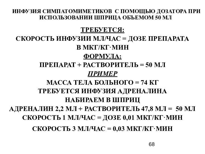 ИНФУЗИЯ СИМПАТОМИМЕТИКОВ С ПОМОЩЬЮ ДОЗАТОРА ПРИ ИСПОЛЬЗОВАНИИ ШПРИЦА ОБЪЕМОМ 50 МЛ