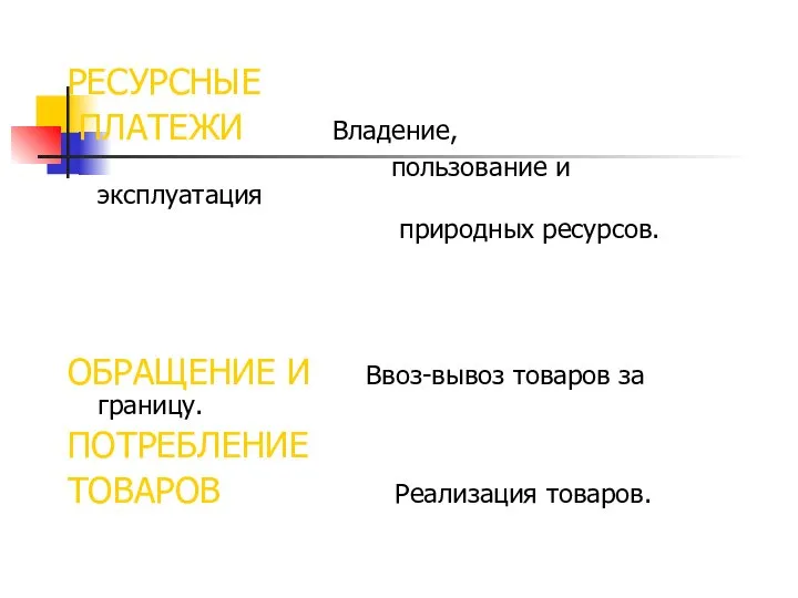 РЕСУРСНЫЕ ПЛАТЕЖИ Владение, пользование и эксплуатация природных ресурсов. ОБРАЩЕНИЕ И Ввоз-вывоз