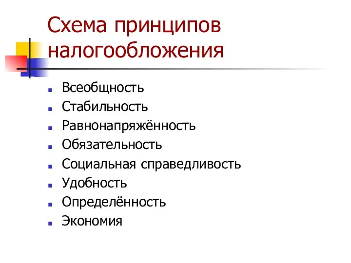 Схема принципов налогообложения Всеобщность Стабильность Равнонапряжённость Обязательность Социальная справедливость Удобность Определённость Экономия