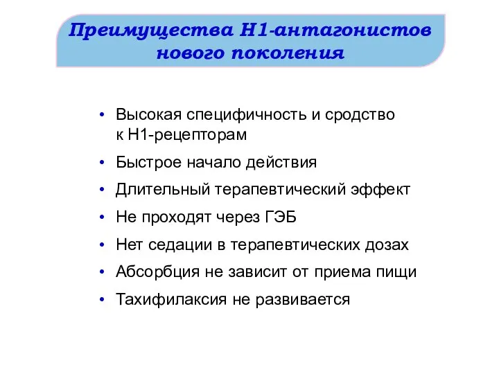 Преимущества Н1-антагонистов нового поколения Высокая специфичность и сродство к Н1-рецепторам Быстрое