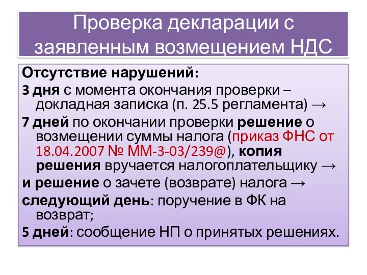 Проверка декларации с заявленным возмещением НДС Отсутствие нарушений: 3 дня с