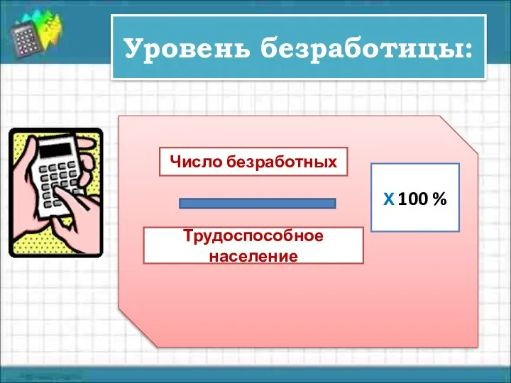 Уровень безработицы: Число безработных Трудоспособное население Х 100 %