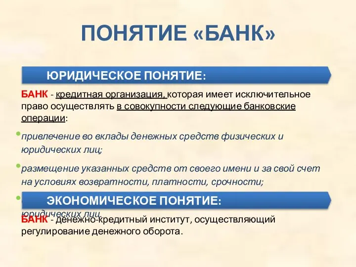 ПОНЯТИЕ «БАНК» БАНК - кредитная организация, которая имеет исключительное право осуществлять