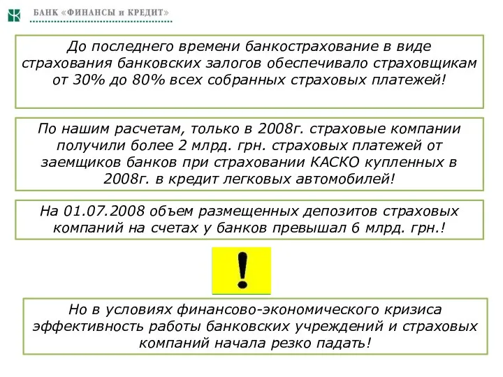 До последнего времени банкострахование в виде страхования банковских залогов обеспечивало страховщикам