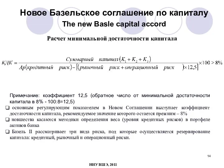 Расчет минимальной достаточности капитала Примечание: коэффициент 12,5 (обратное число от минимальной