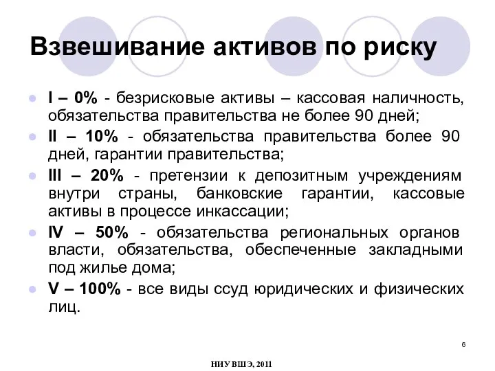 Взвешивание активов по риску I – 0% - безрисковые активы –