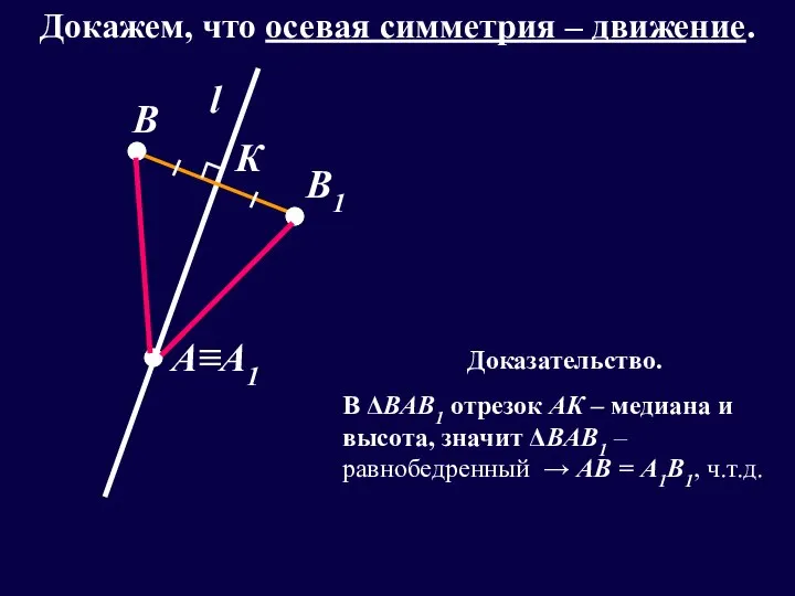 l А≡А1 В В1 К Докажем, что осевая симметрия – движение.