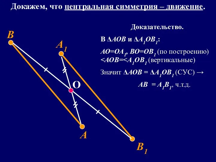 А1 В1 О А В Докажем, что центральная симметрия – движение.