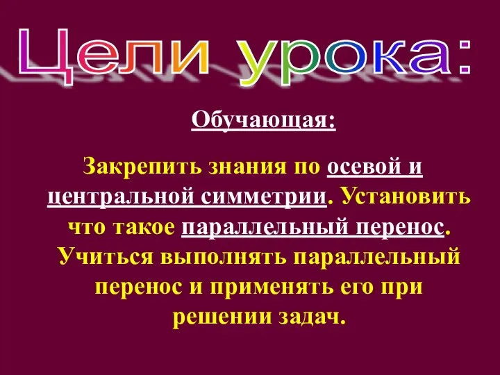 Обучающая: Закрепить знания по осевой и центральной симметрии. Установить что такое