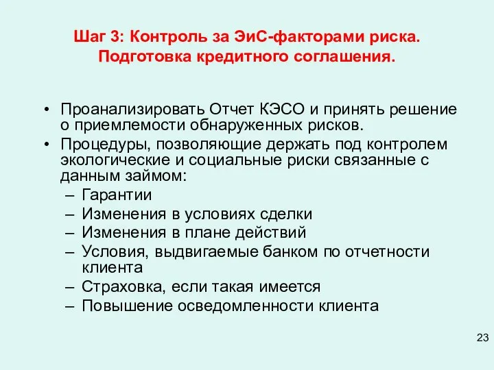 Шаг 3: Контроль за ЭиС-факторами риска. Подготовка кредитного соглашения. Проанализировать Отчет