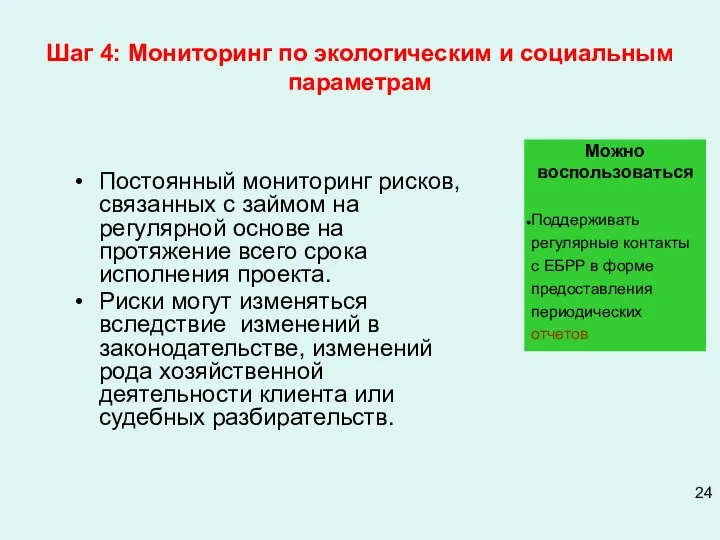 Шаг 4: Мониторинг по экологическим и социальным параметрам Постоянный мониторинг рисков,