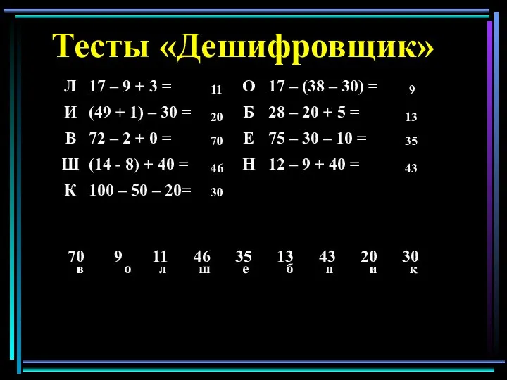 Тесты «Дешифровщик» 11 20 70 46 30 9 13 35 43