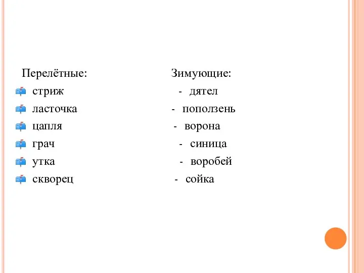 Перелётные: Зимующие: стриж - дятел ласточка - поползень цапля - ворона