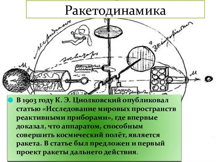 Ракетодинамика В 1903 году К. Э. Циолковский опубликовал статью «Исследование мировых