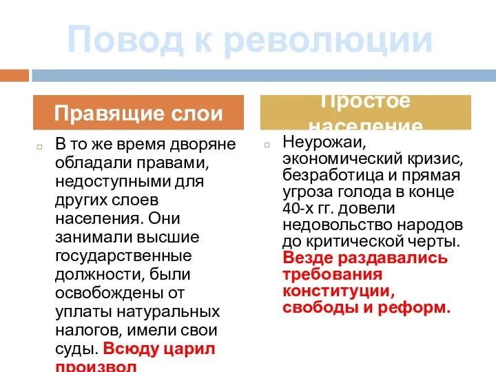 Повод к революции В то же время дворяне обладали правами, недоступными