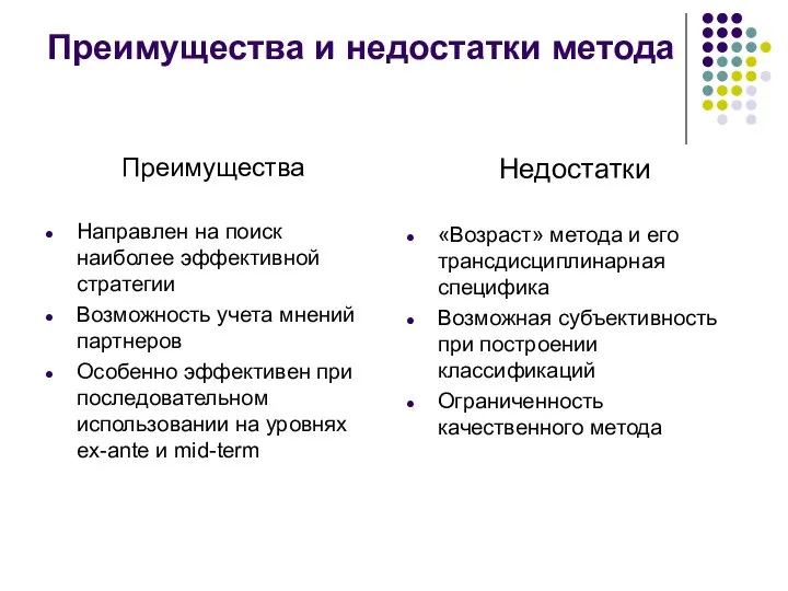 Преимущества и недостатки метода Преимущества Направлен на поиск наиболее эффективной стратегии