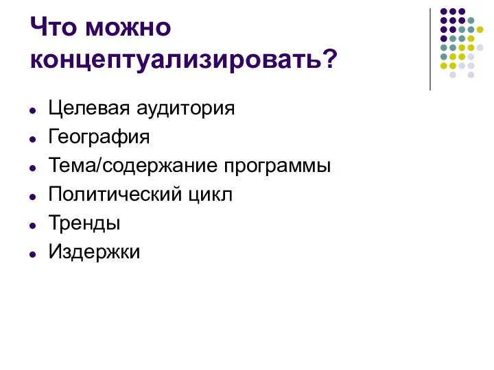 Что можно концептуализировать? Целевая аудитория География Тема/содержание программы Политический цикл Тренды Издержки