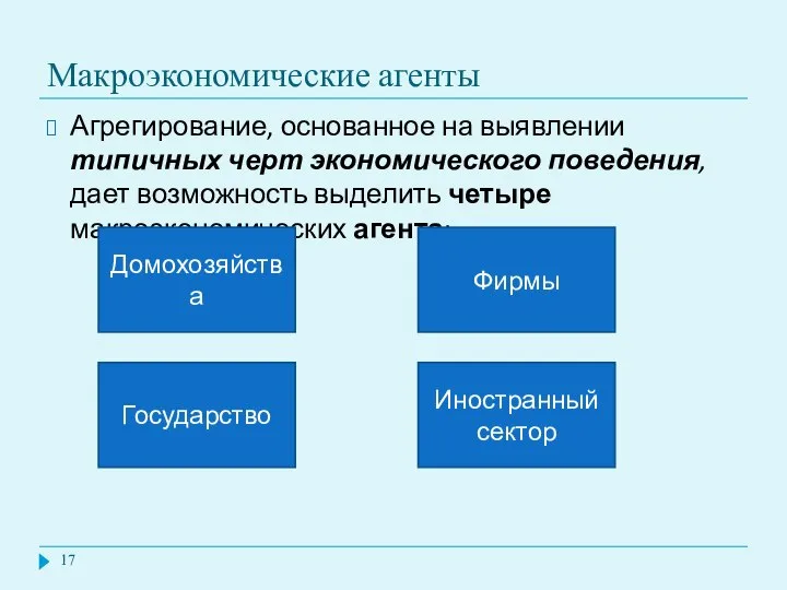 Макроэкономические агенты Агрегирование, основанное на выявлении типичных черт экономического поведения, дает