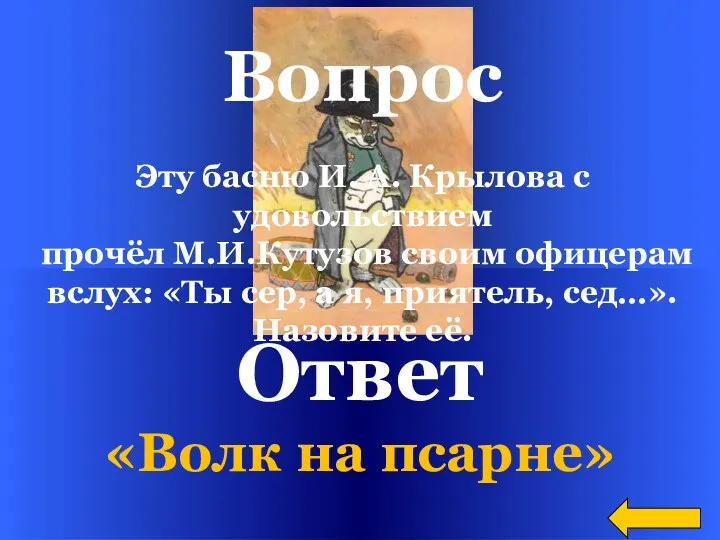 Ответ «Волк на псарне» Вопрос Эту басню И. А. Крылова с