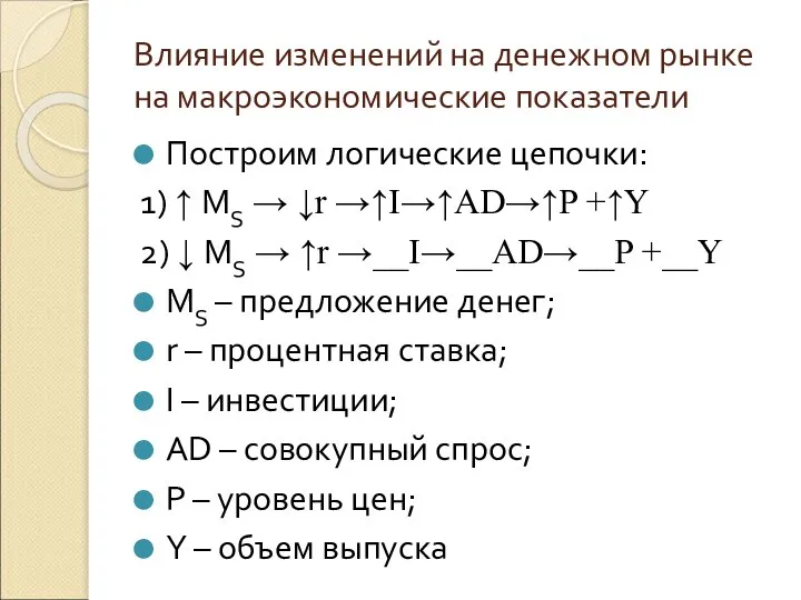 Влияние изменений на денежном рынке на макроэкономические показатели Построим логические цепочки: