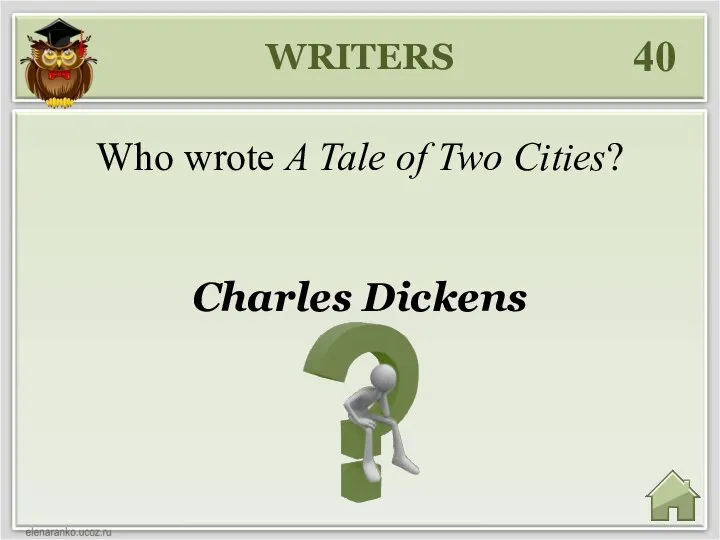 WRITERS 40 Charles Dickens Who wrote A Tale of Two Cities?