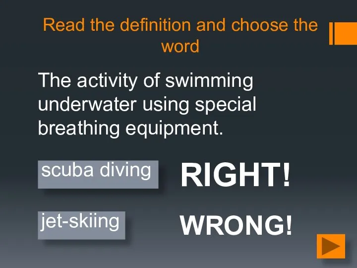 Read the definition and choose the word The activity of swimming
