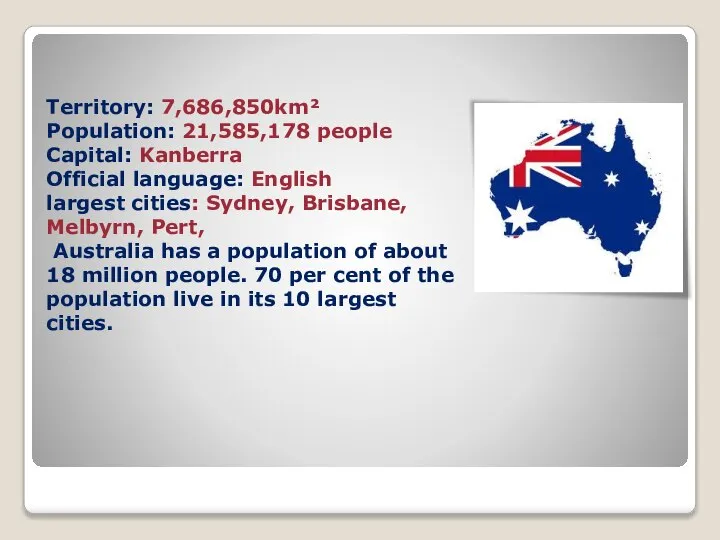 Territory: 7,686,850km² Population: 21,585,178 people Capital: Kanberra Official language: English largest