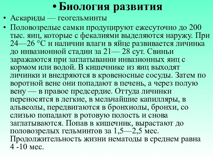 Биология развития Аскариды — геогельминты Половозрелые самки продуцируют ежесуточно до 200