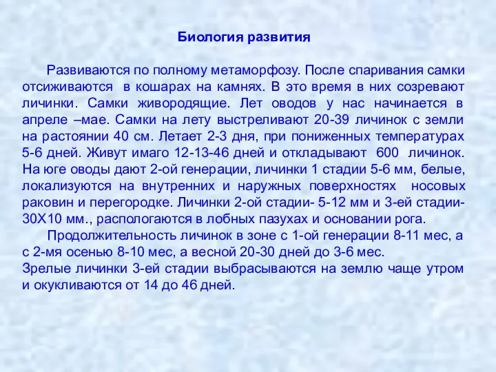 Биология развития Развиваются по полному метаморфозу. После спаривания самки отсиживаются в