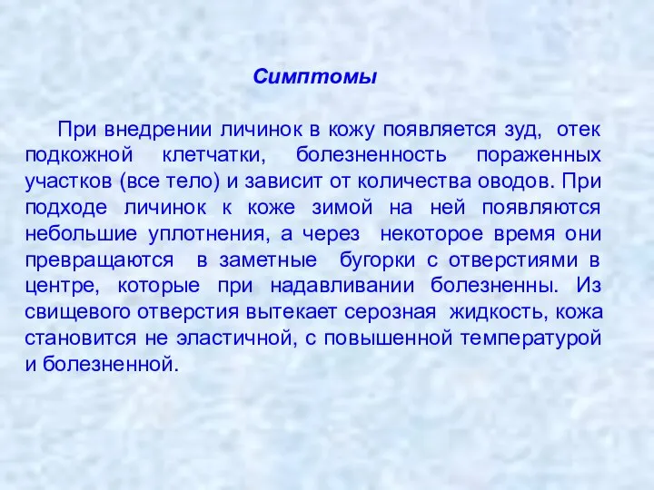 Симптомы При внедрении личинок в кожу появляется зуд, отек подкожной клетчатки,