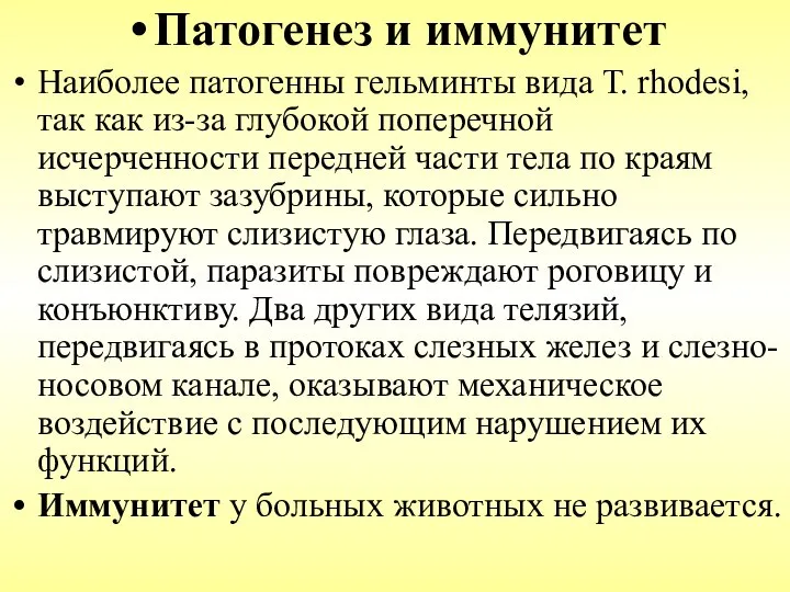 Патогенез и иммунитет Наиболее патогенны гельминты вида Т. rhodesi, так как