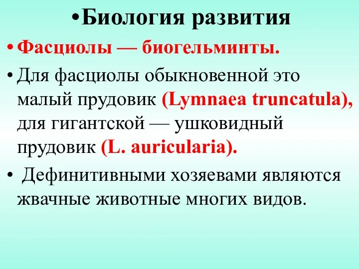 Биология развития Фасциолы — биогельминты. Для фасциолы обыкновенной это малый прудовик