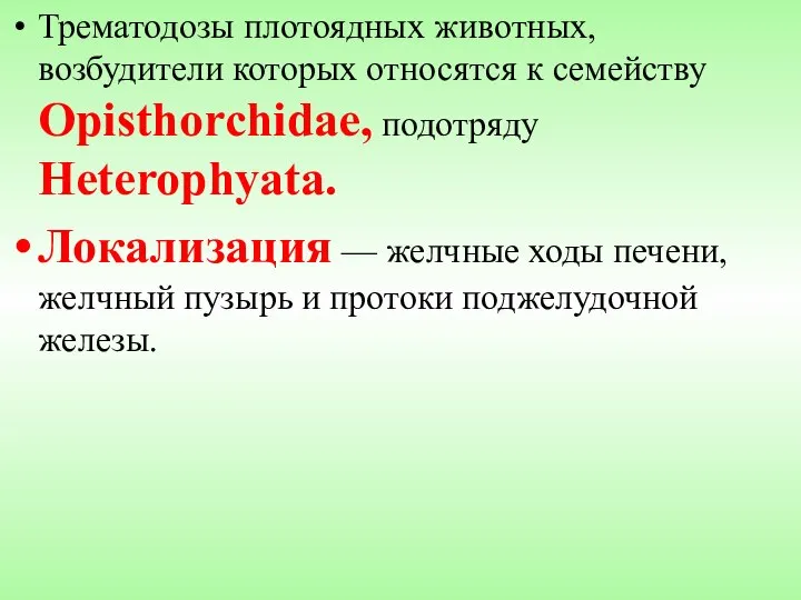 Трематодозы плотоядных животных, возбудители которых относятся к семейству Opisthorchidae, подотряду Heterophyata.