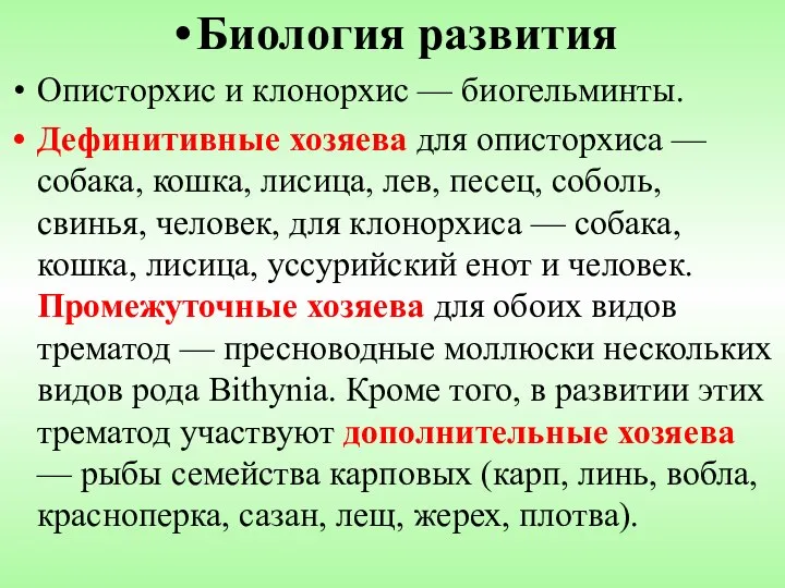 Биология развития Описторхис и клонорхис — биогельминты. Дефинитивные хозяева для описторхиса