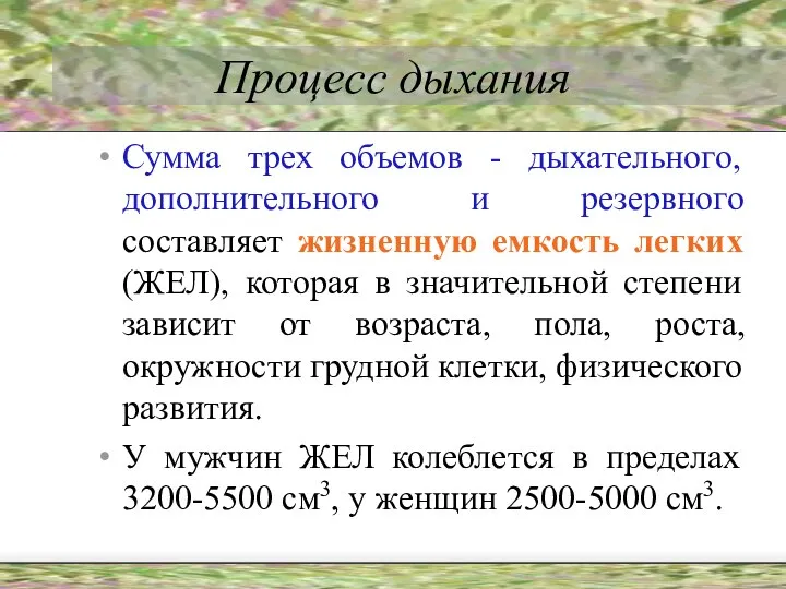 Процесс дыхания Сумма трех объемов - дыхательного, дополнительного и резервного составляет